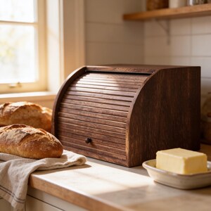 Panera de madera, caja de pan con tapa enrollable, organizador de encimera de cocina