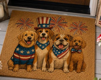 Patriotic Dog Doormat, 4th of July Dog Welcome Mat, Red White Blue Porch Decor, Dog Lover Gift, USA Summer Front Door Rug