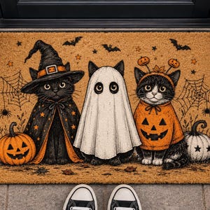 May include: A rectangular tan coir doormat featuring a printed illustration of three cats in Halloween costumes. One cat wears a witch hat and cape, one is dressed as a ghost, and one wears a pumpkin sweater. Spiders, webs, and bats surround them.