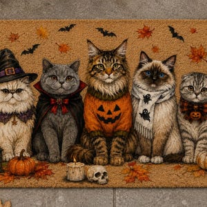 May include: A rectangular tan coir doormat featuring five cats in Halloween costumes. The cats wear a witch hat, a vampire cape, a pumpkin sweater, a ghost scarf, and a plaid bow tie. The mat is decorated with bats, autumn leaves, a lantern, pumpkins, and a skull.