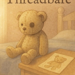 May include: Illustration of a tan teddy bear with a button eye and stitched seams, sitting on a bed. A drawing of the bear rests on a nightstand. The word "Threadbare" is at the top of the image.