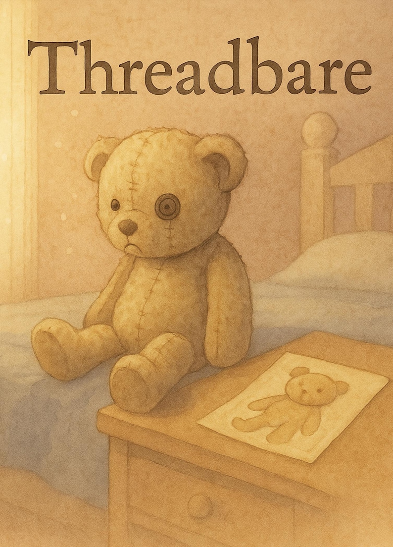 K&ouml;nnte beinhalten: Illustration eines beigefarbenen Teddyb&auml;ren mit Knopfauge und N&auml;hten, der auf einem Bett sitzt. Eine Zeichnung des B&auml;ren liegt auf einem Nachttisch. Das Wort "Threadbare" steht oben im Bild.