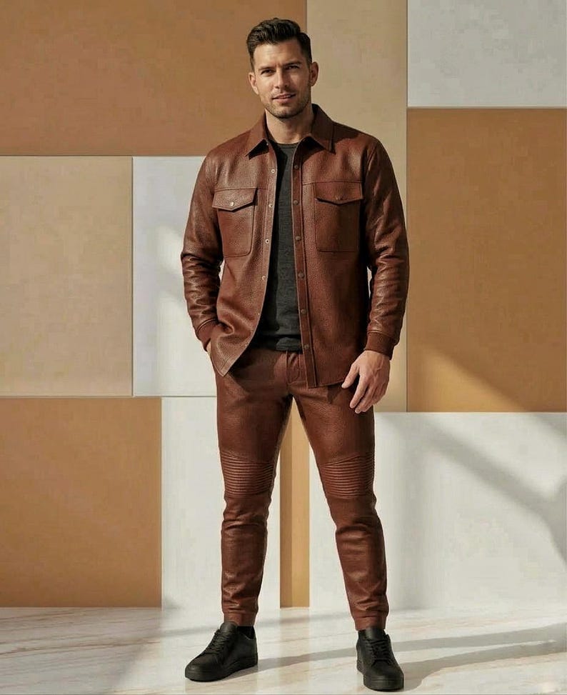 Puede incluir: Una camisa chaqueta de cuero marr&oacute;n con dos bolsillos en el pecho y pantalones de cuero marr&oacute;n a juego. Los pantalones tienen detalles acanalados en las rodillas. El conjunto se completa con zapatillas negras. El fondo es una mezcla de paneles marrones, beige y blancos.