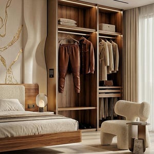 Puede incluir: Un dormitorio moderno con una cama de madera, un armario empotrado y una silla acogedora. El armario exhibe pantalones de cuero marr&oacute;n y una chaqueta. La habitaci&oacute;n tiene una paleta de colores neutros con detalles dorados.