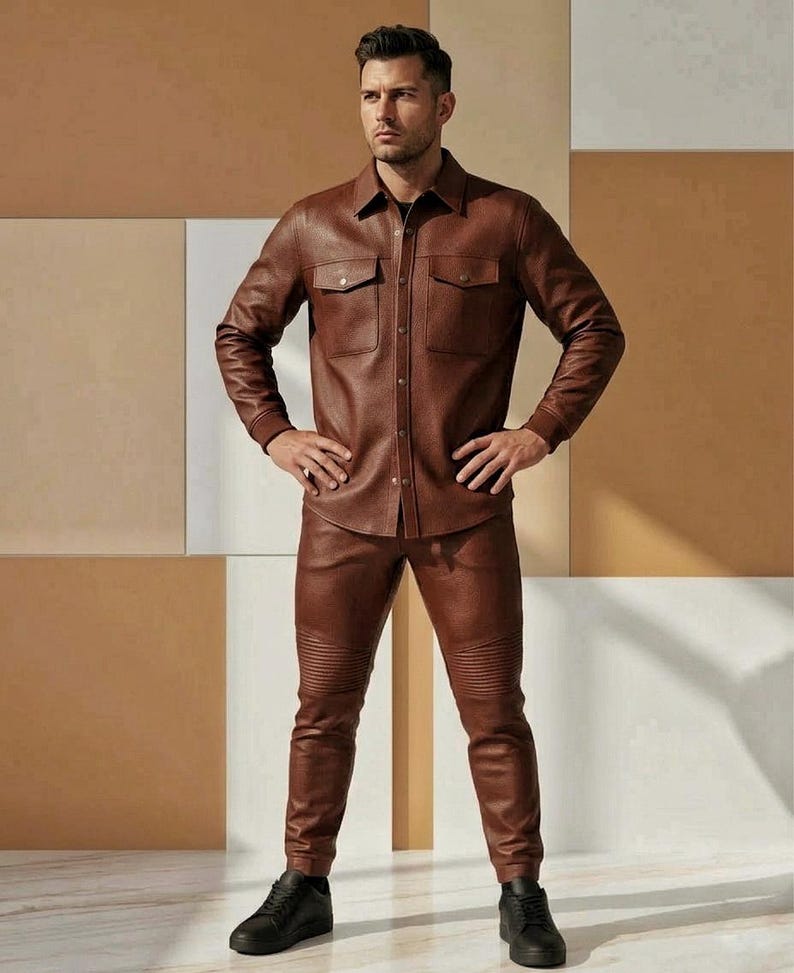 Puede incluir: Una camisa de cuero marr&oacute;n con dos bolsillos en el pecho y pantalones de cuero marr&oacute;n a juego. Los pantalones tienen detalles acanalados en las rodillas. El conjunto se combina con zapatos negros. El fondo es una mezcla de paneles marrones y blancos.