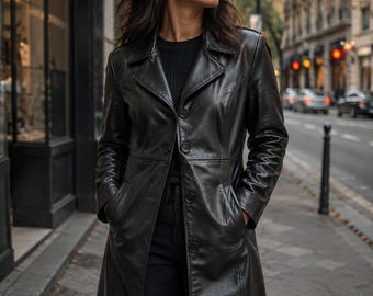 Gabardina vintage de piel de oveja negra de los años 90, blazer largo de estilo gótico urbano.