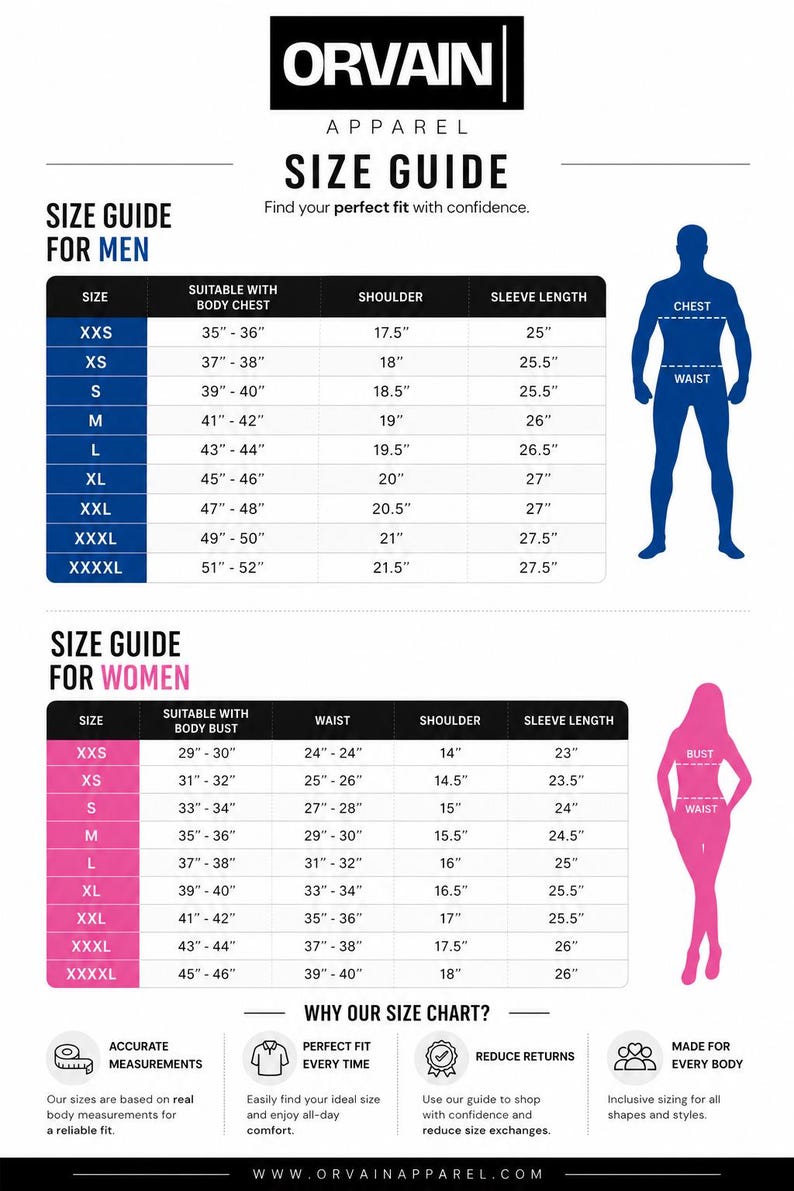 Puede incluir: Gu&iacute;a de tallas de Orvain Apparel, con medidas para hombres y mujeres. Incluye pecho, cintura, hombros y largo de manga en cm. La gu&iacute;a tambi&eacute;n destaca medidas precisas, ajuste perfecto y devoluciones reducidas.