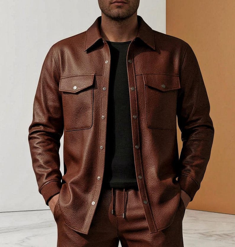 Puede incluir: Una camisa-chaqueta de cuero marr&oacute;n con dos bolsillos en el pecho y botones. La chaqueta se combina con pantalones marrones a juego. El modelo lleva una camiseta negra debajo. El conjunto es elegante.