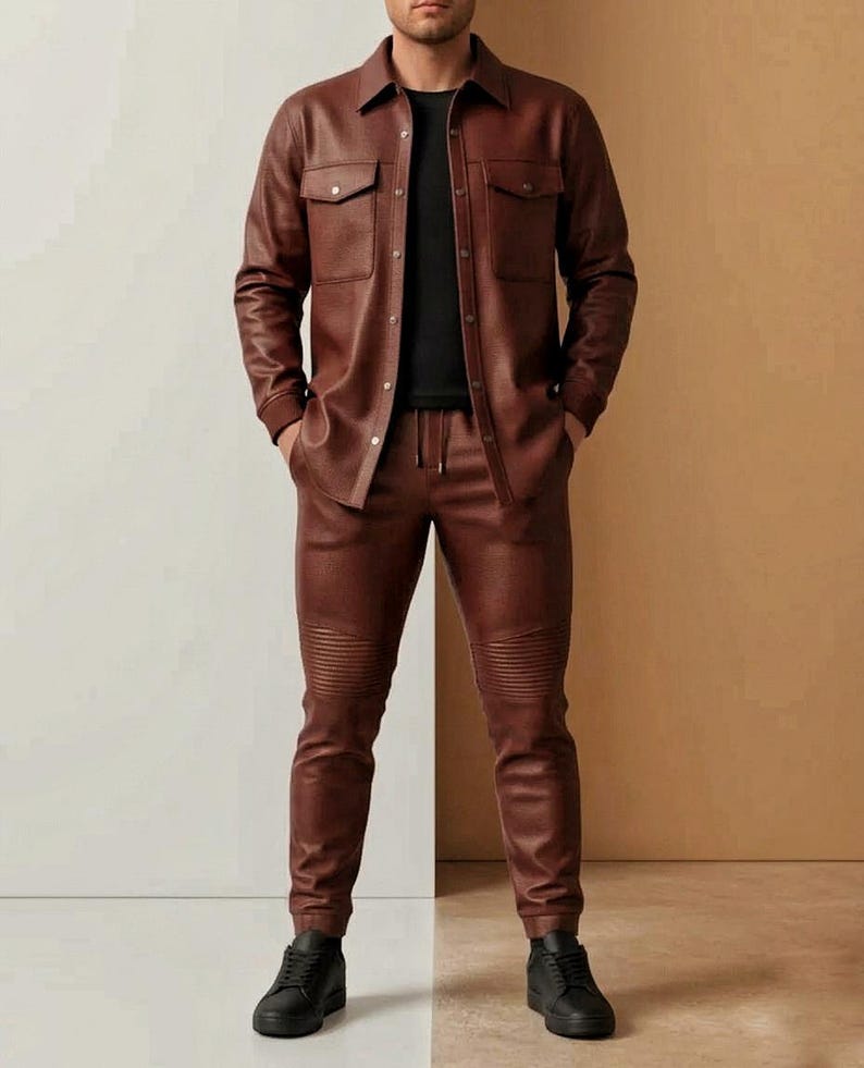 Puede incluir: Una camisa de cuero marr&oacute;n con dos bolsillos en el pecho y pantalones de cuero marr&oacute;n a juego. Los pantalones tienen un dise&ntilde;o acanalado en las rodillas. El conjunto se combina con zapatillas negras. El modelo lleva una camiseta negra debajo.