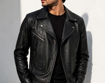 Chaqueta de motociclista de cuero negro para hombre, blazer asimétrico de piel de oveja auténtica, abrigo punk vintage.