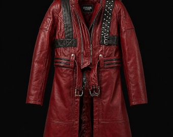 Gabardina de cuero rojo para hombre / Chaqueta larga gótica / Abrigo con tachuelas hecho a mano / Disfraz de Halloween
