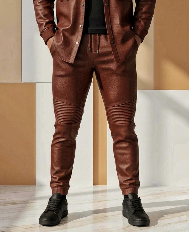 Puede incluir: Conjunto de chaqueta y pantal&oacute;n de cuero marr&oacute;n. El pantal&oacute;n tiene cintura con cord&oacute;n y detalles acanalados en las rodillas. El conjunto se combina con zapatillas negras. Un look elegante y moderno.