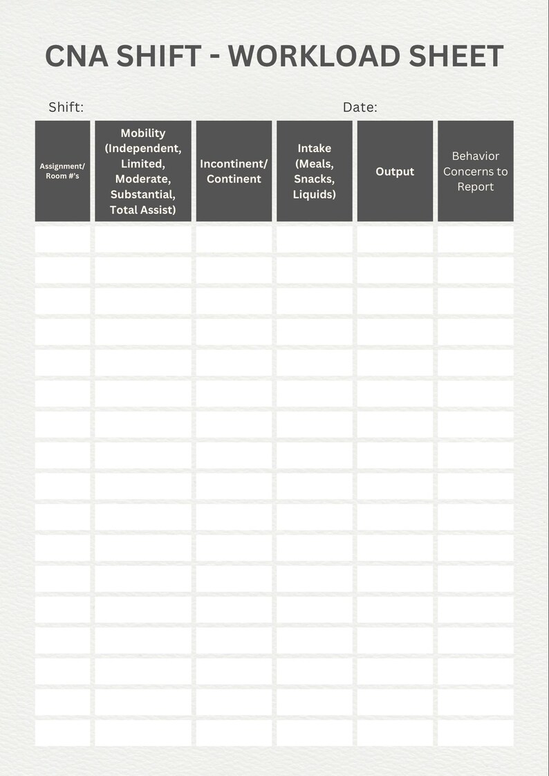 CNA Shift Workload Sheet--printable Tools - Etsy