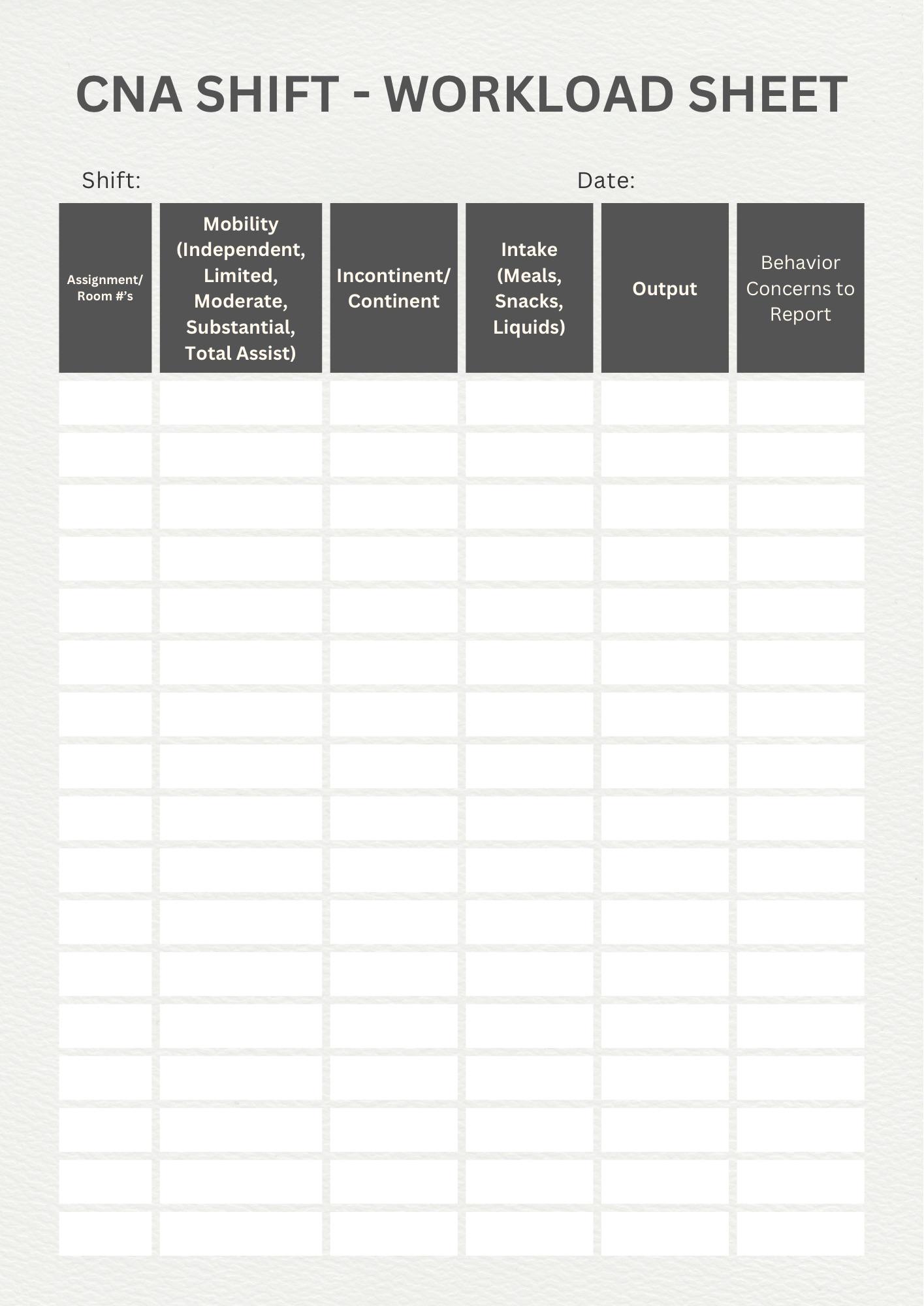 CNA Shift Workload Sheet--printable Tools - Etsy