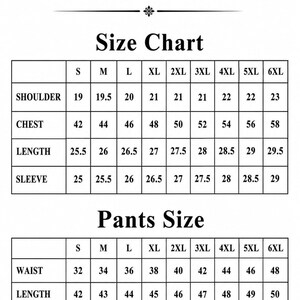 Puede incluir: Una tabla de tallas en blanco y negro para ZYROPROPS con dos secciones. La tabla superior enumera las medidas de hombros, pecho, largo y mangas en pulgadas para tallas de S a 6XL. La tabla inferior muestra las medidas de cintura y largo de pantalones.