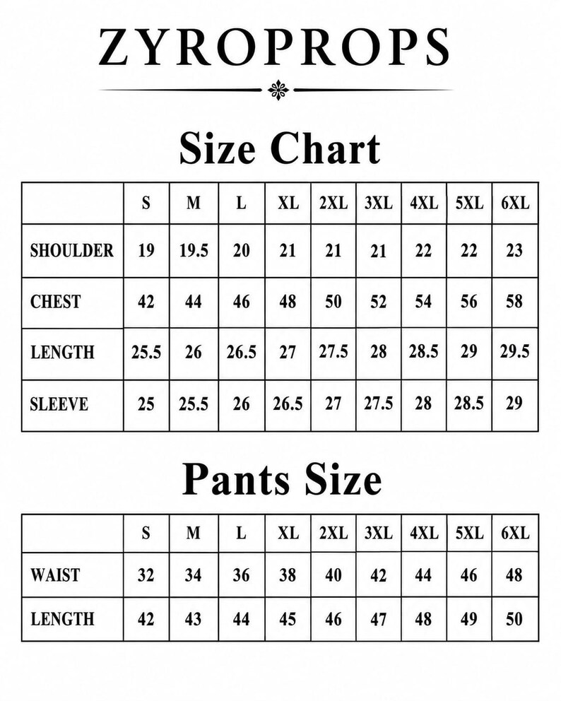 Puede incluir: Una tabla de tallas en blanco y negro para ZYROPROPS con dos secciones. La tabla superior enumera las medidas de hombros, pecho, largo y mangas en pulgadas para tallas de S a 6XL. La tabla inferior muestra las medidas de cintura y largo de pantalones.