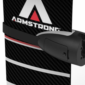 May include: A black and white carbon fiber hydrofoil board with the brand name "ARMSTRONG" in white letters and a red triangle. A black and gray component is attached to the board.