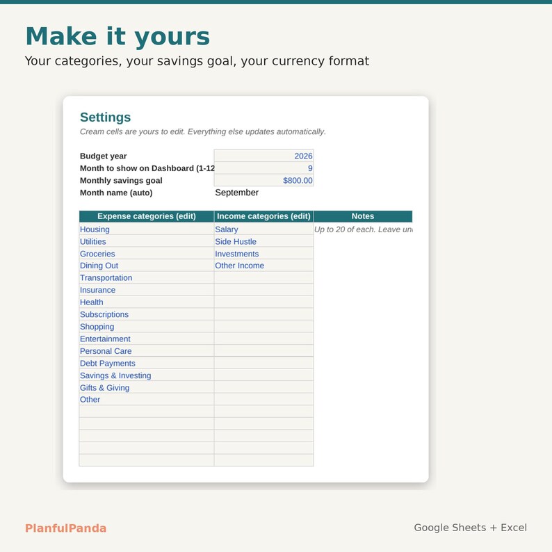 PlanfulPanda Monthly Budget Spreadsheet listing image