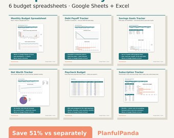 Budget Spreadsheet Bundle, Google Sheets & Excel, Debt Payoff, Savings, Net Worth and Paycheck Budget Templates