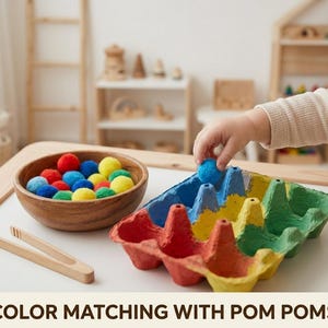 Puede incluir: Un cuenco de madera lleno de pompones de colores está junto a una huevera reutilizada. La mano de un niño coloca un pompón azul en la sección de color correspondiente de la huevera. También se ven unas pinzas de madera. El texto de abajo dice: COLOR MATCHING WITH POM POMS.