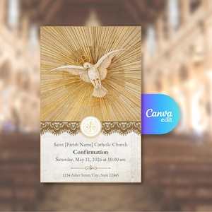 May include: A Confirmation announcement card featuring a dove with a halo, radiating golden light. The card includes text for the church, date, time, and address. A Canva edit logo is visible on the right side.