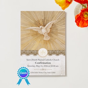 Può includere: Biglietto d'invito alla Cresima con una colomba con aureola su uno sfondo dorato a raggi di sole. La carta include il testo "Saint [Parish Name] Catholic Church Confirmation" e i dettagli dell'evento. Un logo Canva è in basso a sinistra.