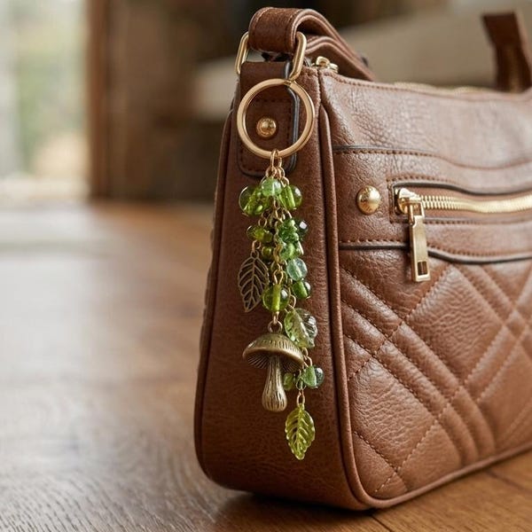 Forest Mushroom Charm Keychain – Green Beaded Bag Charm | Nature-Inspired Keyring | SolunaThread