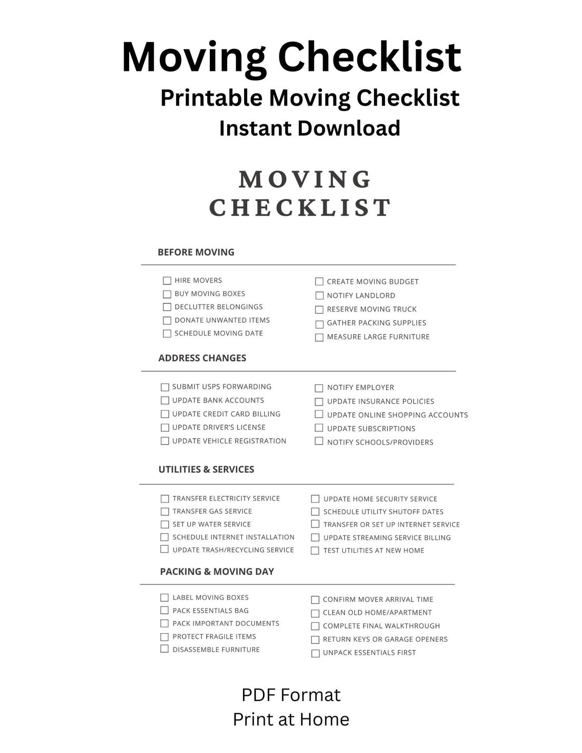 Moving Checklist Printable PDF | Apartment Moving Checklist | New Home ...