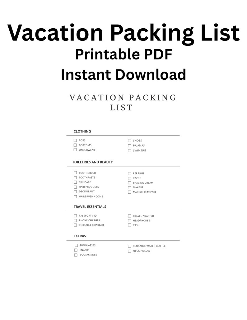 Vacation Packing List Printable PDF, Travel Checklist, Instant Download ...