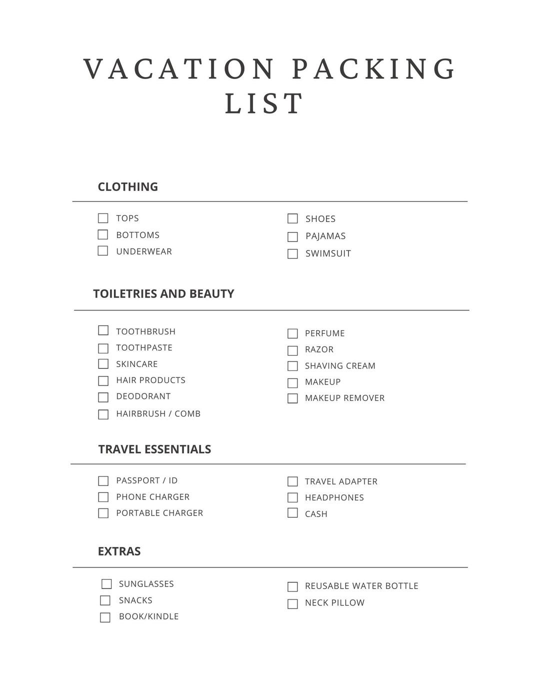 Vacation Packing List Printable PDF, Travel Checklist, Instant Download ...