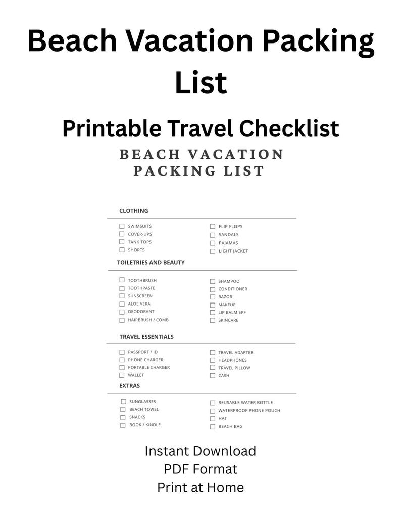 Beach Vacation Packing List Printable | Summer Travel Checklist PDF ...