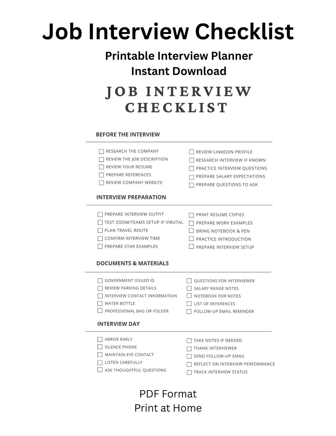 Cv Interview Checklist Form Job Interview Checklist Printable PDF | Interview Preparation Planner ...