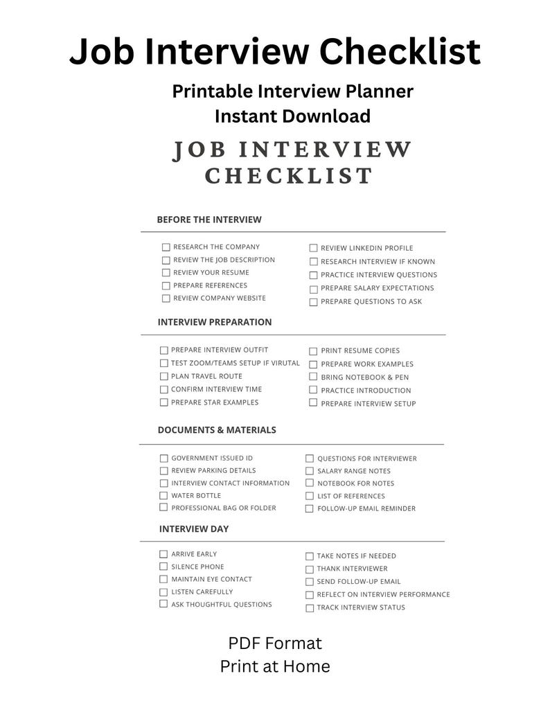 Job Interview Checklist Printable PDF | Interview Preparation Planner ...