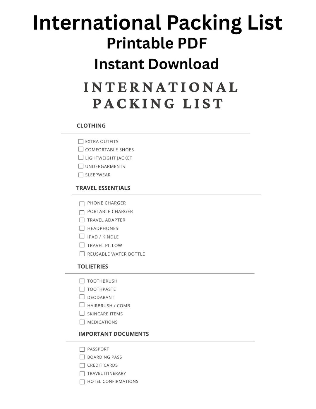 International Packing List Printable PDF | International Travel ...