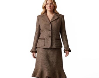 Completo vintage in tweed marrone composto da blazer e gonna a ruota, taglia 16W.