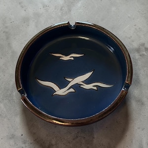 Vintage Blue Ceramic Ashtray with Seagulls/Nautical Style/Coastal Decor