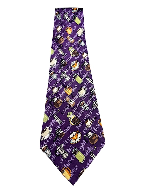 Nicole Miller Vintage Purple Coffee Lover Coffee Shop Novelty Silk Tie