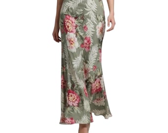 Vintage Y2K Silk Floral Maxi Skirt – Sage Green Pink Peonies Size 4