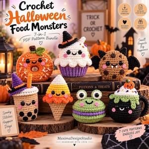 Paket de Patrones de Ganchillo de Monstruos de Comida de Halloween, Tutorial PDF Amigurumi 7 en 1