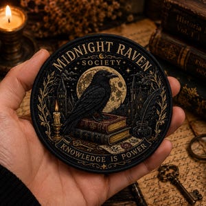 May include: A circular embroidered patch featuring a black raven perched on a stack of books in front of a full moon. The design includes a lit candle, an inkwell with a quill, and the text MIDNIGHT RAVEN SOCIETY and KNOWLEDGE IS POWER.