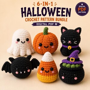 May include: A 6-in-1 Halloween crochet pattern bundle digital PDF featuring six amigurumi figures: a white ghost, an orange pumpkin, a black cat, a black bat, a candy corn, and a purple-hatted cauldron filled with green items.