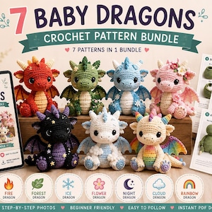 Baby Dragon Pattern Bundle, 7 Crochet Amigurumi Designs PDF Download