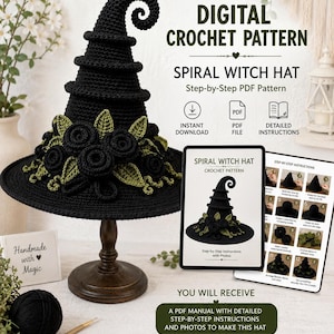 Virkat Häxhattsmönster med Spiral, Gotiskt Halloween-tillbehör (PDF-nedladdning)