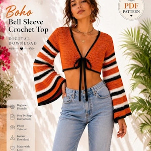 Boho Bell Sleeve Crochet Top Pattern, Striped Crop Design PDF, XS-2XL