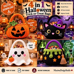 Può includere: Un modello di uncinetto in PDF scaricabile digitalmente per 4 borse di Halloween: una borsa a forma di zucca arancione, un gatto nero con cappello viola, un fantasma bianco con zucca piccola e un calderone da strega nero con melma verde.