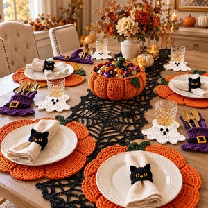 Peut inclure: Une table décorée pour Halloween avec des sets de table en crochet orange en forme de citrouille, des dessous de verre fantômes en crochet blanc et un grand centre de table citrouille en crochet. Des ronds de serviette chat noirs en crochet maintiennent des serviettes blanches, et des porte-couverts chapeau de sorcière violets contiennent des couverts dorés, le tout disposé sur un chemin de table en crochet noir en forme de toile d'araignée.