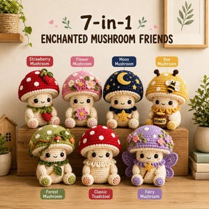 Paquete de 7 patrones de ganchillo amigurumi de setas, descarga digital para principiantes
