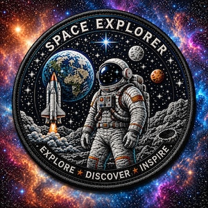 Może przedstawiać: Okrągła haftowana naszywka przedstawiająca astronautę stojącego na pokrytej kraterami powierzchni księżyca. W tle widać startujący prom kosmiczny w pobliżu Ziemi. Napis głosi SPACE EXPLORER u góry oraz EXPLORE DISCOVER INSPIRE u dołu.