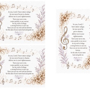 May include: Three decorative prints featuring a musical note and floral design. Each print has the text of Psalm 31:1-3. The color palette includes shades of brown, beige, and purple, with musical notes and floral accents.