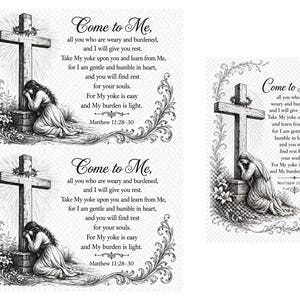 Op de afbeelding: Zwart-wit illustratie met een kruis en een knielende figuur. De tekst "Come to Me" en een passage uit Mattheüs 11:28-30 zijn aanwezig. De afbeelding heeft een vintage, religieus thema en is geschikt om in te lijsten.